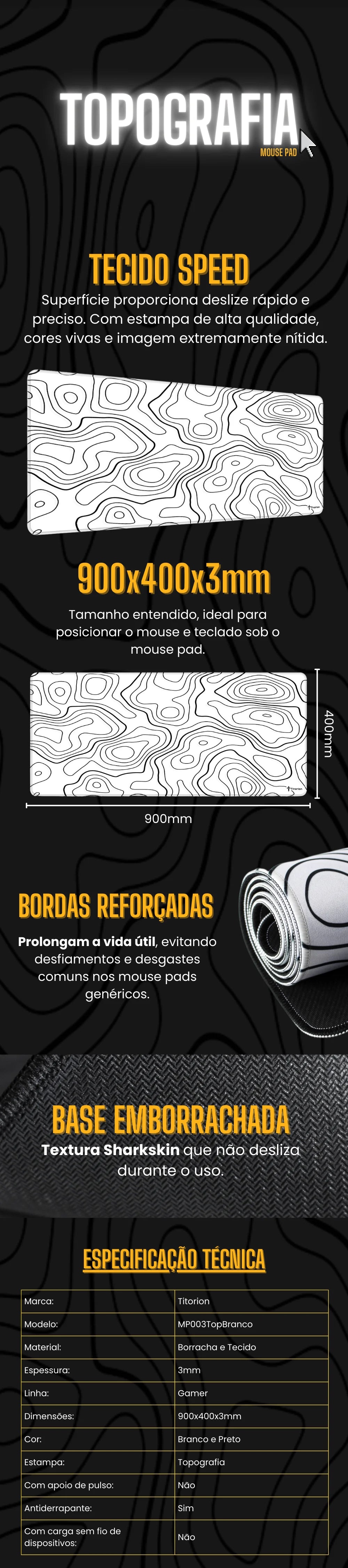 Mouse Pad Gamer Extra Large Professional 90x40 Deskpad White Black Speed Topographic PC Titorion