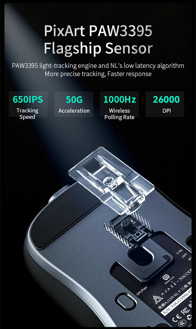 AJAZZ AJ159 NL Wireless Mouse 800mAh Compatible with Games and Office PAW3395 1K Nearlink BT Wireless Mouse Laptop Gift