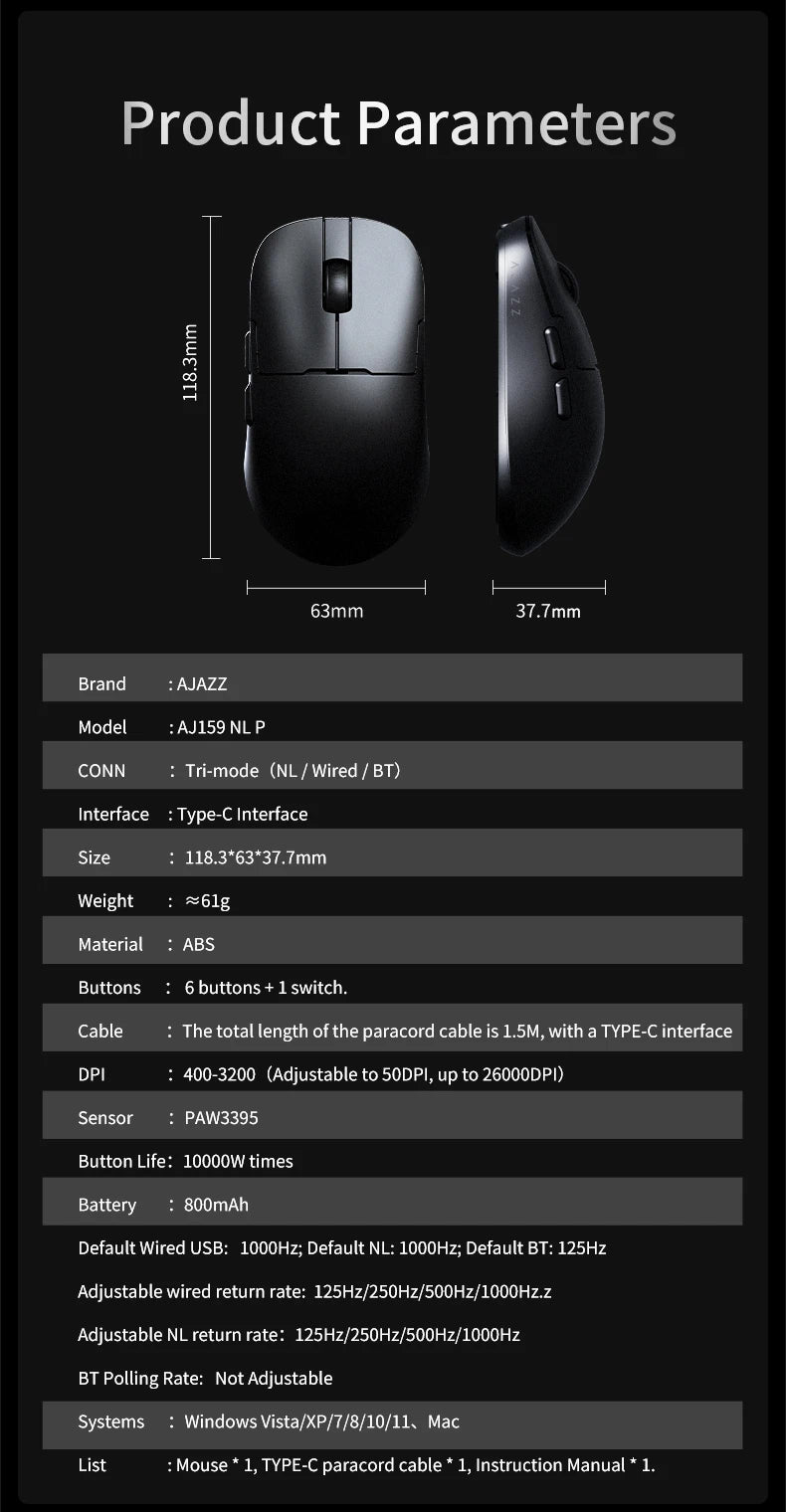 AJAZZ AJ159 NL Wireless Mouse 800mAh Compatible with Games and Office PAW3395 1K Nearlink BT Wireless Mouse Laptop Gift