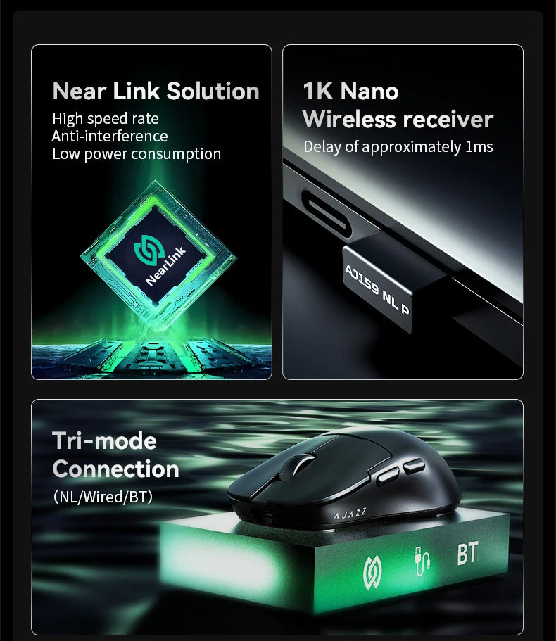 AJAZZ AJ159 NL Wireless Mouse 800mAh Compatible with Games and Office PAW3395 1K Nearlink BT Wireless Mouse Laptop Gift
